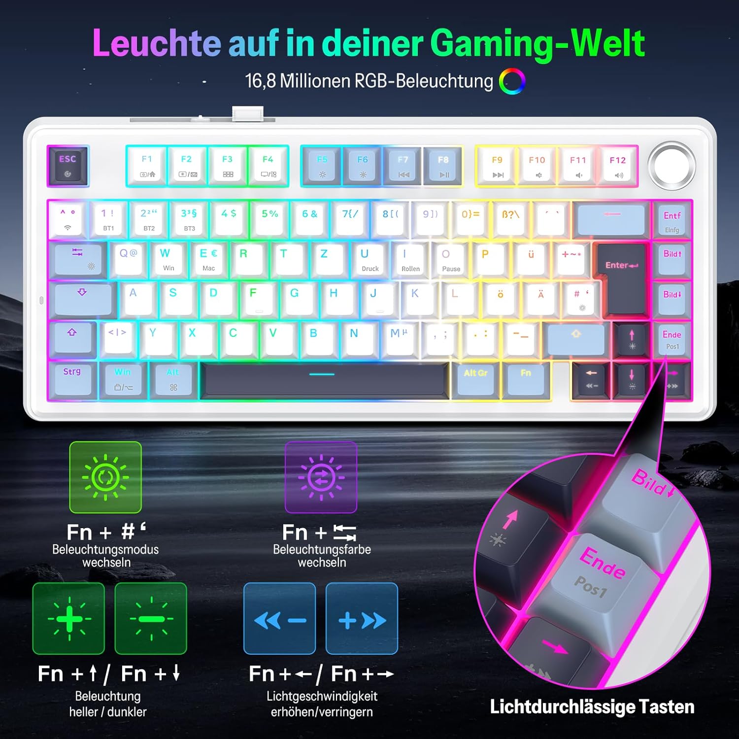 OMOTON Mechanical Keyboard Gaming Gasket QWERTZ ISO-DE Layout, Hot-Swap Wireless Gamer Keyboard 75% RGB with Five Layer Attenuation & Button, Bluetooth/2.4G/USB-C, Creamy Linear Switch, MK211