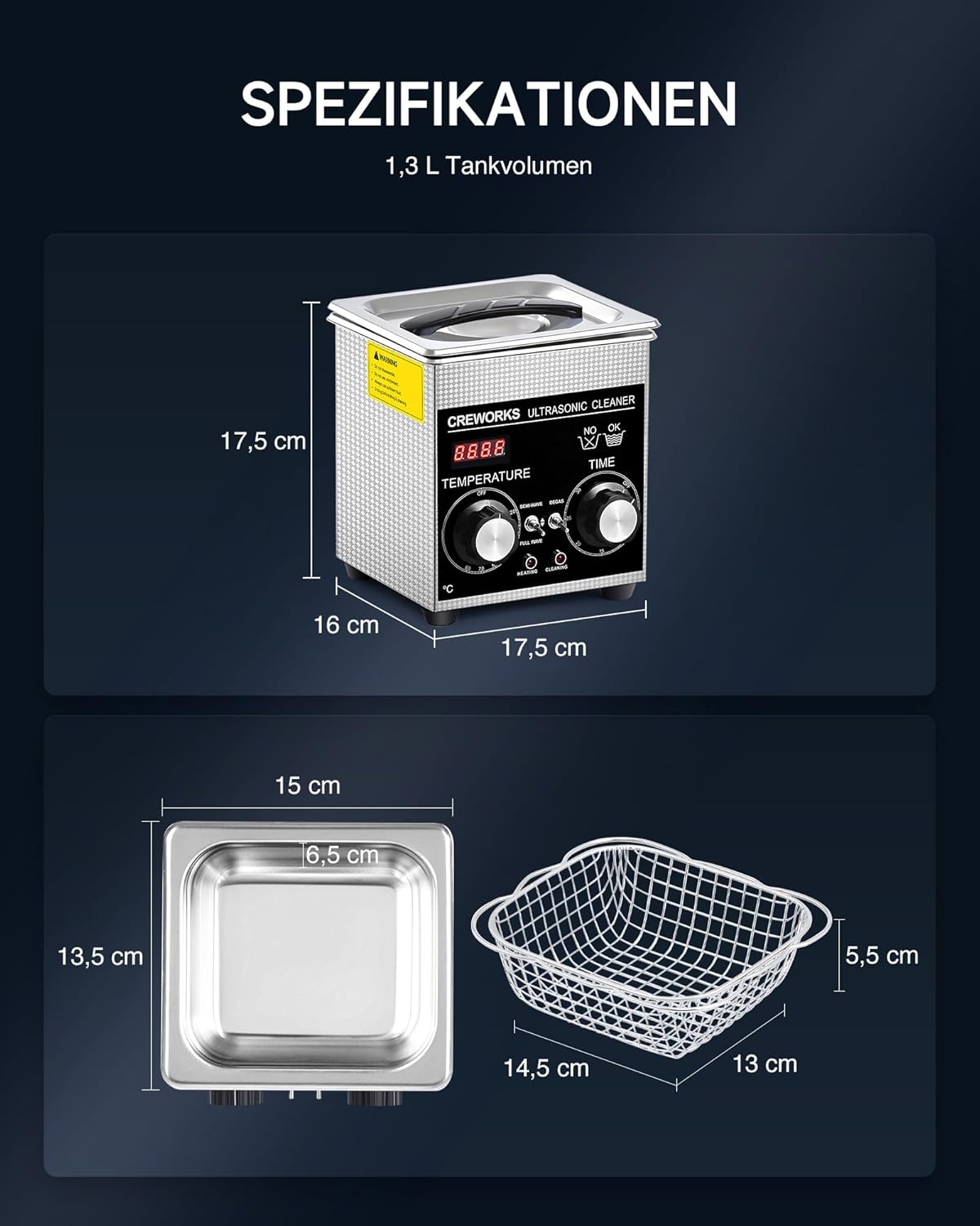 CREWORKS Ultrasonic Cleaning Device Stainless Steel 1.3 L Ultrasonic Cleaner with Heating Timer Ultrasonic Cleaner for Dentures Jewellery Glasses Watches Glasses Ultrasonic Cleaning Device with