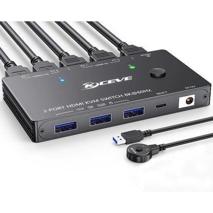 KVM Switch 2 Monitors 2 PC 4K @ 60Hz 2K @ 120Hz, Dual Monitors HDMI KVM Switches with EDID Function Wired Remote Control, Power Supply and USB 3.0 Cable Included