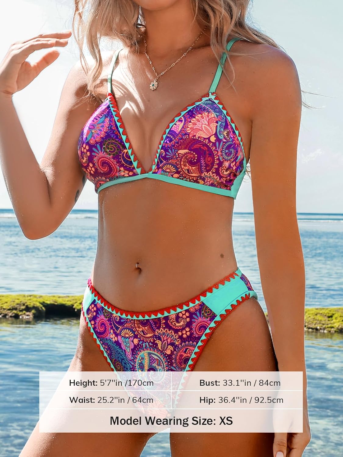 Costum de baie din doua piese CUPSHE cu decolteu in V, talie joasa si imprimeu paisley, marimea XL, Aqua