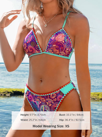 Costum de baie din doua piese CUPSHE cu decolteu in V, talie joasa si imprimeu paisley, marimea XL, Aqua