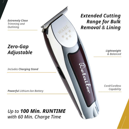 Wahl Professional Cordless Detailer Li Trimmer T Wide Blade, Lithium-Ion Battery 100 Min Runtime for Hair & Beard, with Charging Stand