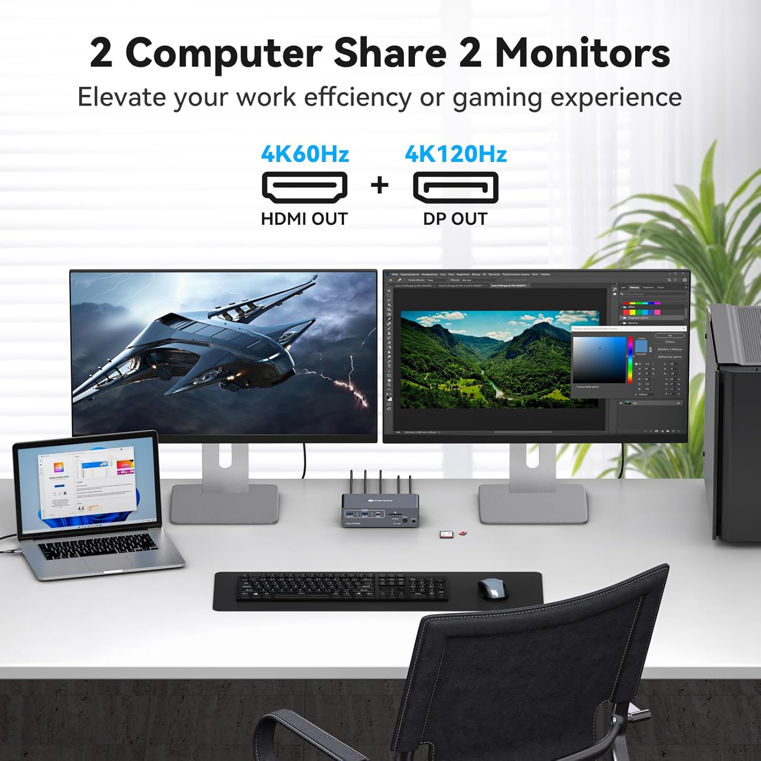 KVM Switch 2 Monitors 2 Computers USB C Docking Station with 4K60Hz HDMI and 4K120Hz DP KVM Switch Dual Monitor 10Gbps USBC+USBA 3.2 Date 5Gbps USB3.0 Date and SD/microSD Card Slots for Laptop&Desktop