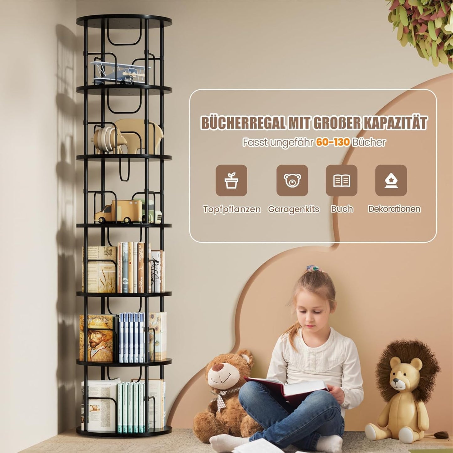 Biblioteca rotativa Generisch 6 niveluri 45x45x193 cm neagra