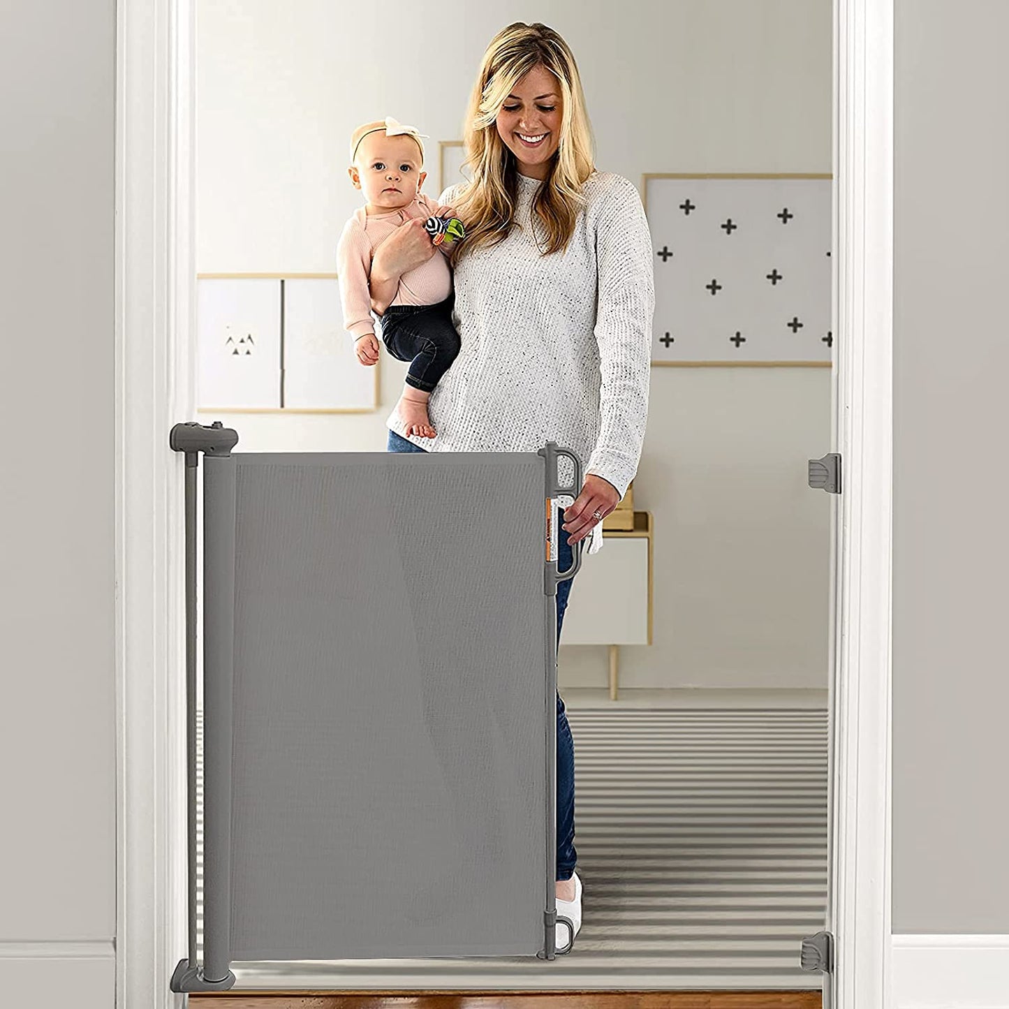 Poarta de siguranta Momcozy Retractable 140 cm x 83 cm gri