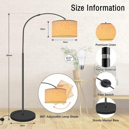 Fortand Arc Lamp Living Room Floor Lamp, LED Floor Lamp with 3 Colour Temperatures 12 W E27 Arch Light Modern Floor Lamp Reading Lamp with Linen Lampshade & Foot Switch Retro for Bedroom