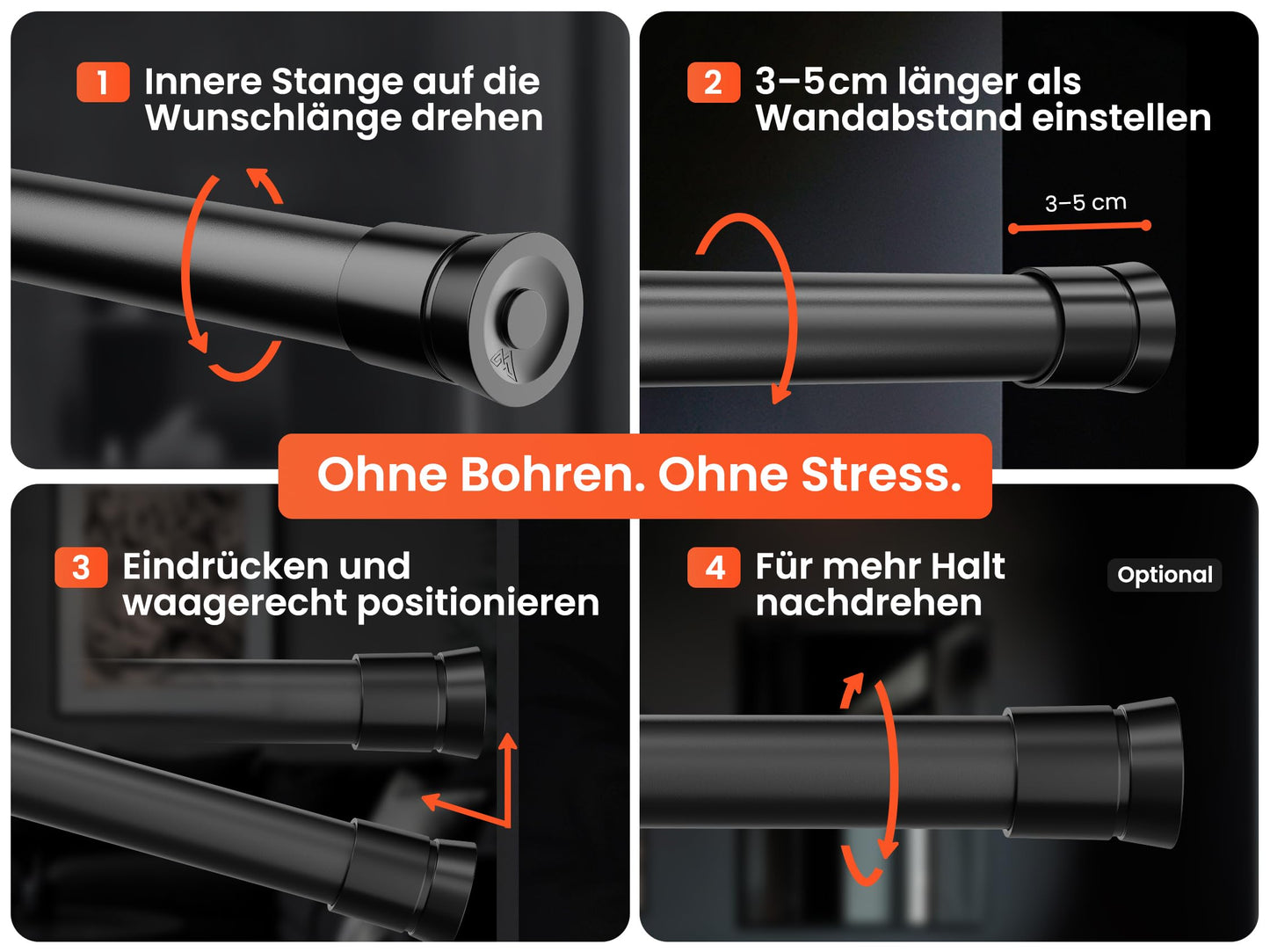 Galerie MEISENBERG Telescopic Rod 110-200 cm, fara gaurire, negru