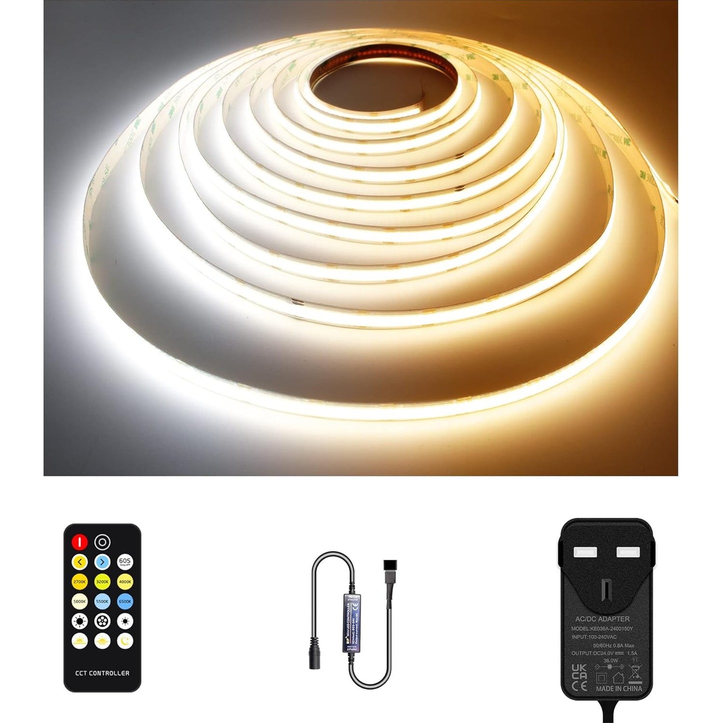 TTWAY CCT COB LED Strip Light 5M Dimmable Kit, Tunable White LED Strip Light 2700-6500K, 24V Strip Lights with RF Control & UKCA Adapter CRI90+, Ultra Bright Dual White LED Strip for Kitchen, Bedroom