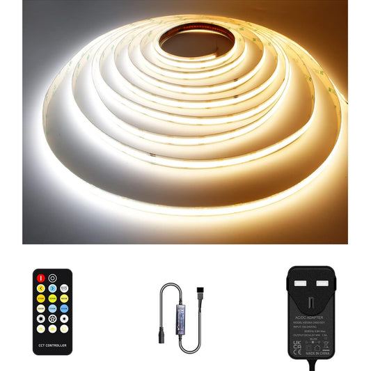 TTWAY CCT COB LED Strip Light 5M Dimmable Kit, Tunable White LED Strip Light 2700-6500K, 24V Strip Lights with RF Control & UKCA Adapter CRI90+, Ultra Bright Dual White LED Strip for Kitchen, Bedroom