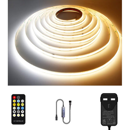 TTWAY CCT COB LED Strip Light 5M Dimmable Kit, Tunable White LED Strip Light 2700-6500K, 24V Strip Lights with RF Control & UKCA Adapter CRI90+, Ultra Bright Dual White LED Strip for Kitchen, Bedroom