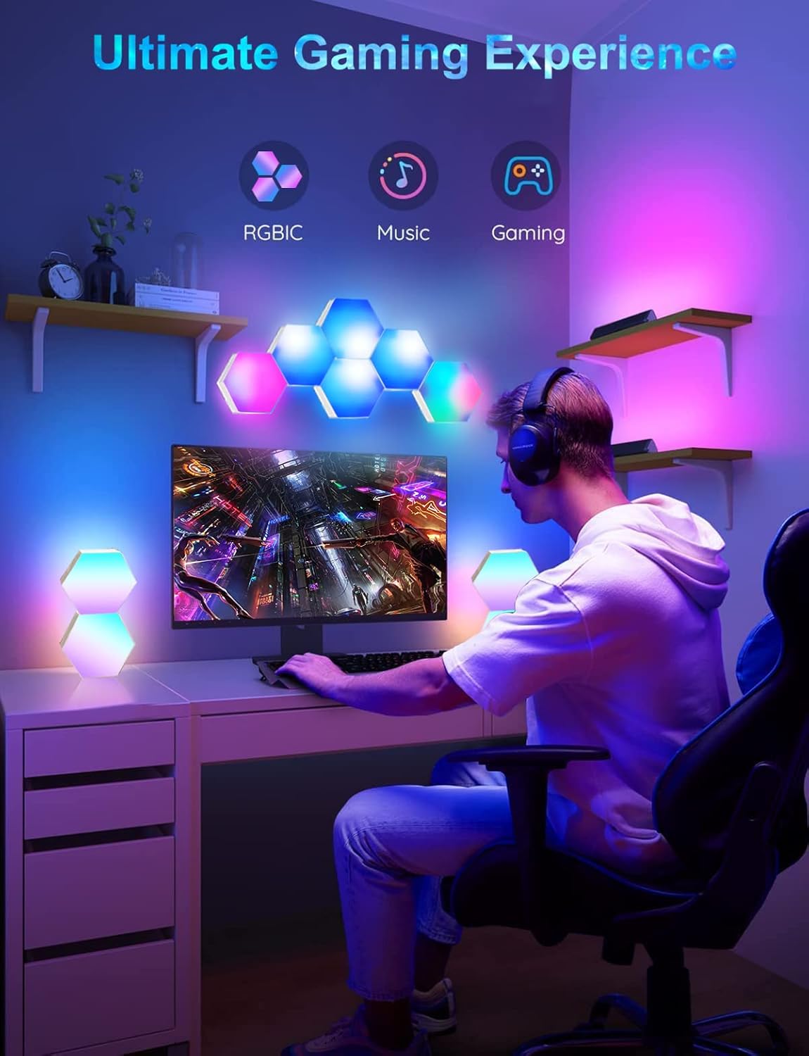 Amailtom Hexagon LED Lights, Smart Hexagon Gaming Wall Lights App & Remote Control, LED Light Panels Music Sync, DIY Geometry RGB Room Light for Gaming Room Living Bedroom Streaming, 7 Panels