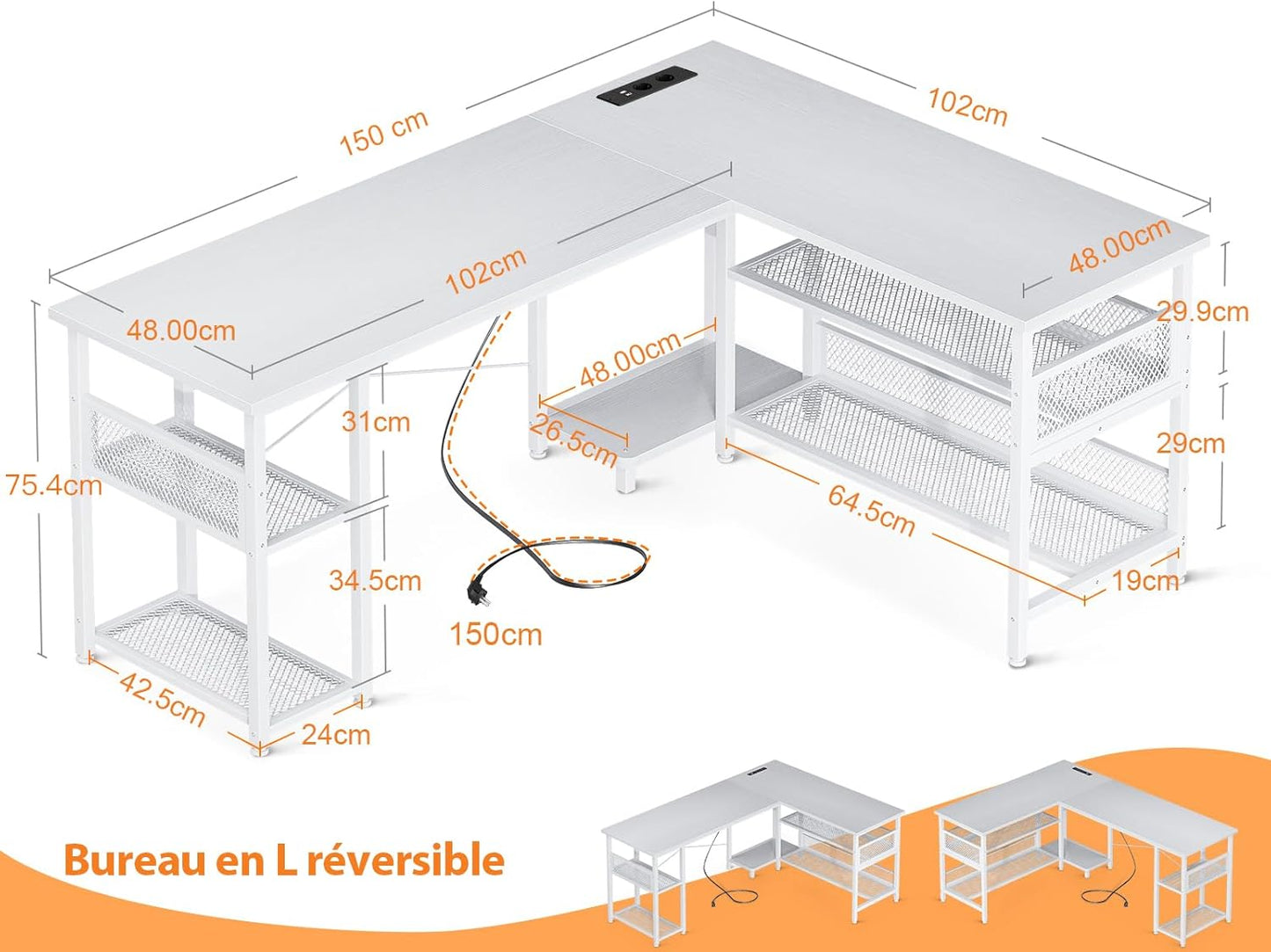 Birou gaming L-shape reversibil ODK, 2 prize + 2 USB, 168x120 cm