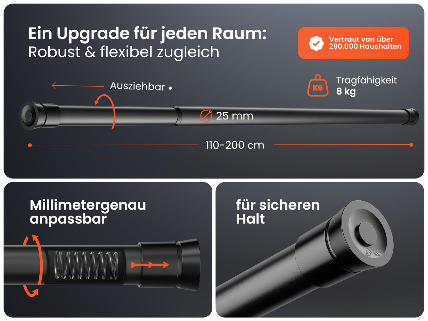 Galerie MEISENBERG Telescopic Rod 110-200 cm, fara gaurire, negru