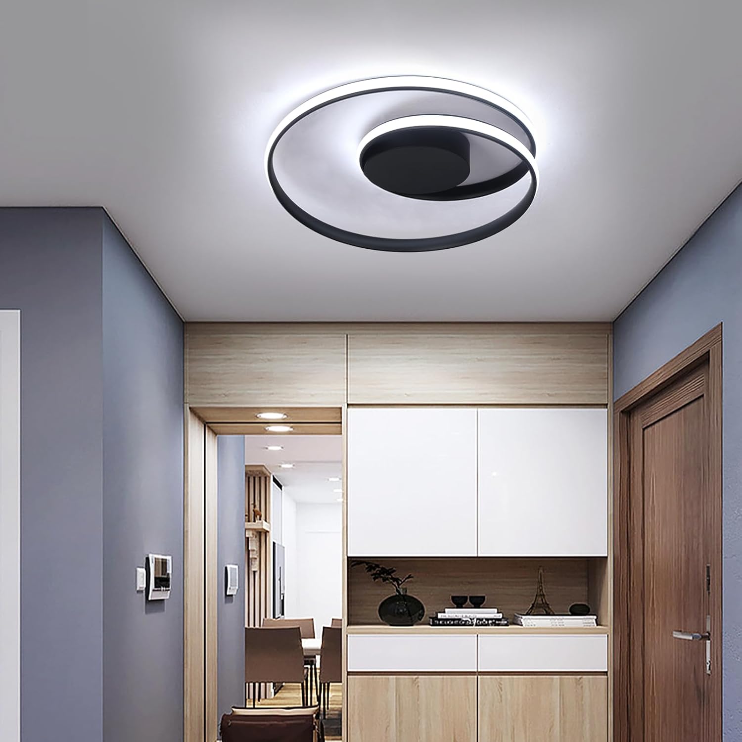 Kaniker Flush Mount Ceiling Light Fixture with Remote Control Led 18''Round Dimmable Bathroom Ceiling Light Hallway Light with 3 Colour Temperature Lamp 47W for Bedroom Corridor Kitchen (Black)