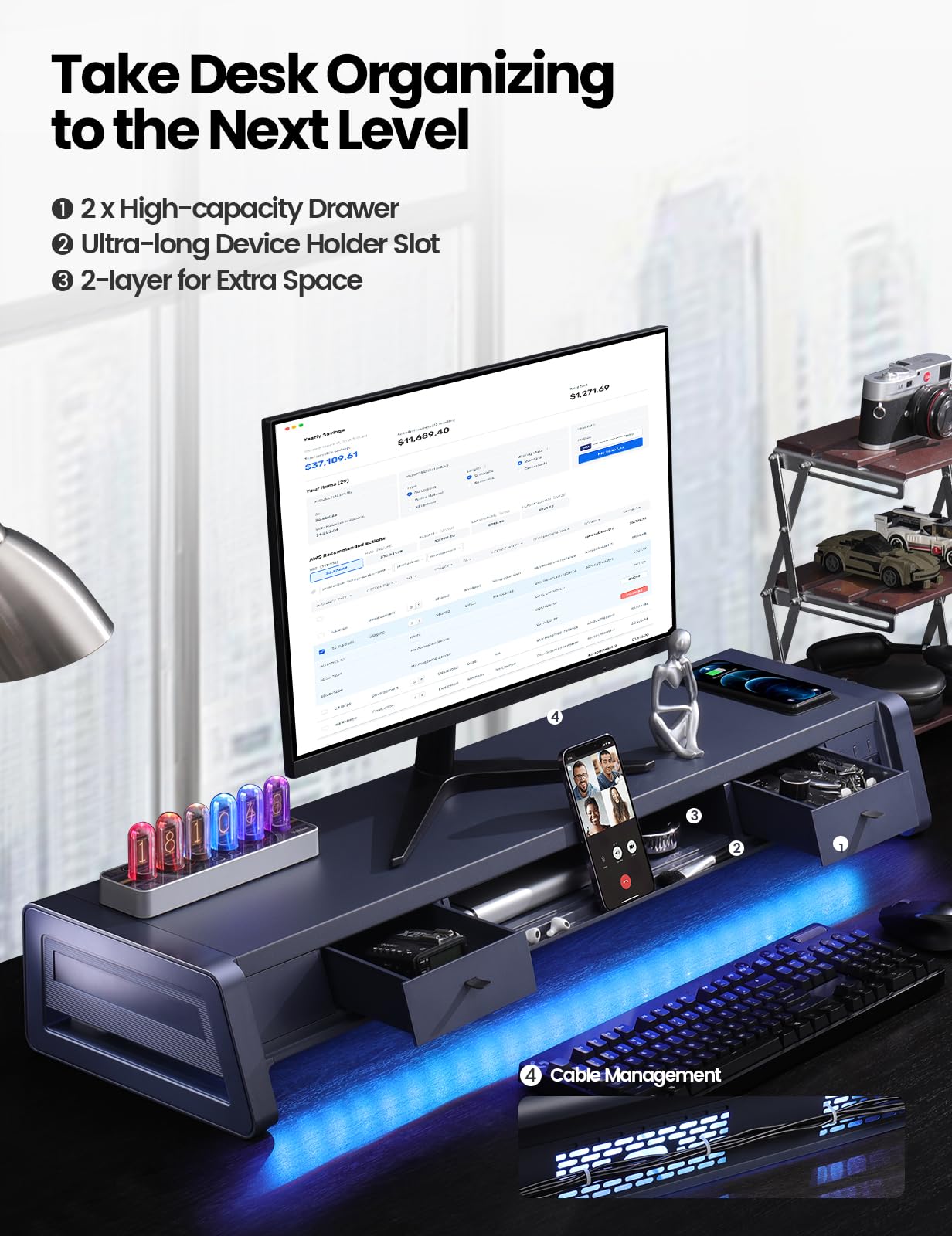 Suport monitor VAYDEER cu sertare si USB, incarcare wireless 15W