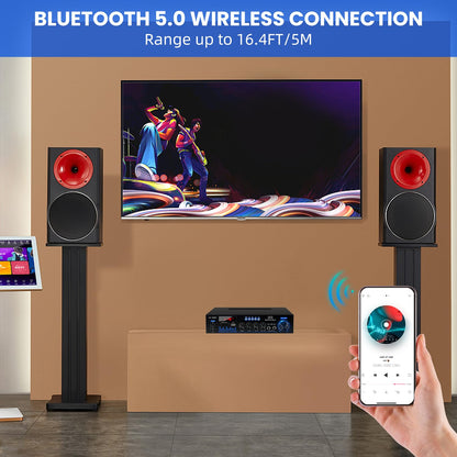 1000 W Mini Amplifier Hi-Fi Bluetooth 5.0 RMS 2 x 60 W Speaker 2 Channel Stereo Amplifier, Portable FM Radio, SD Card/USB Input/FM Radio, for Home Speakers or Your Car