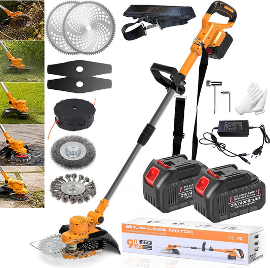 Motocoasa electrica YUIOIBUC 21V cu 2 baterii 4.0 Ah pentru gradina Portocaliu