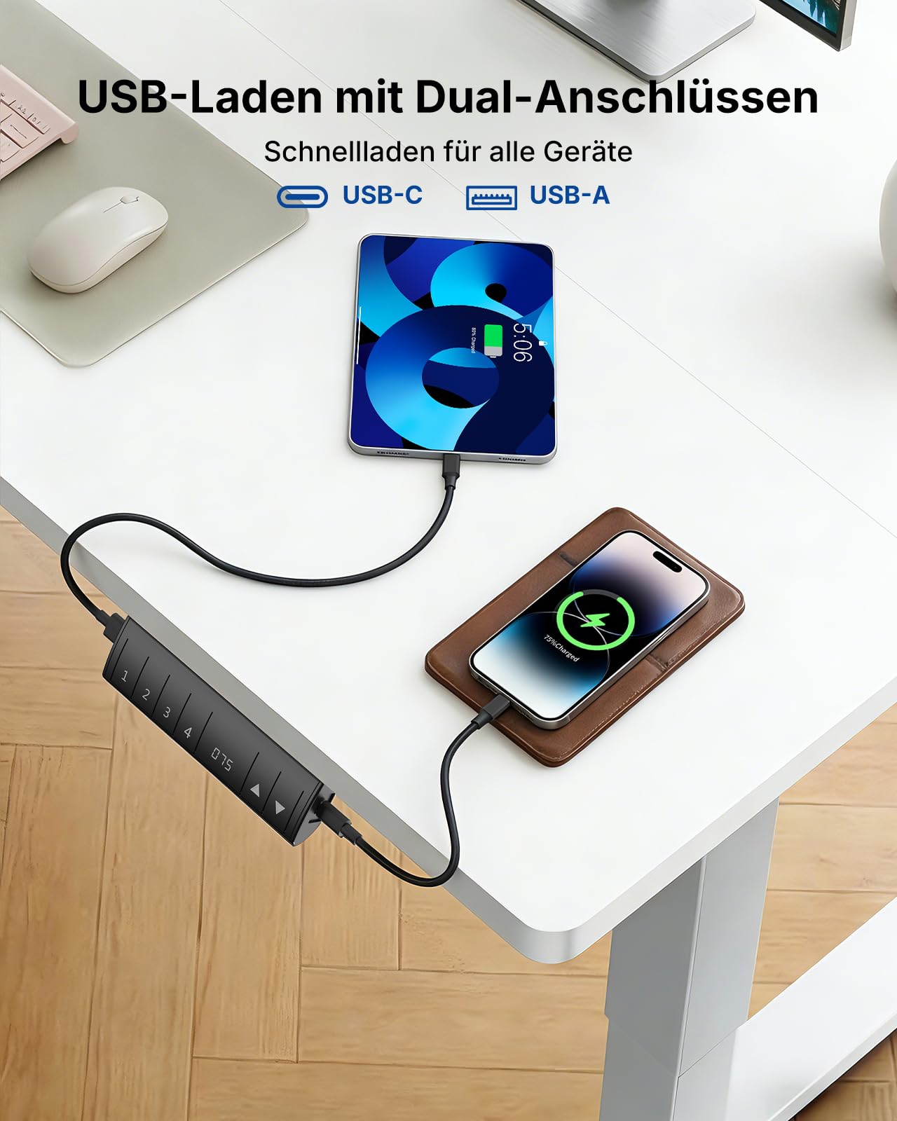 Birou HUANUO reglabil electric 120x80 cm USB-C USB-A alb