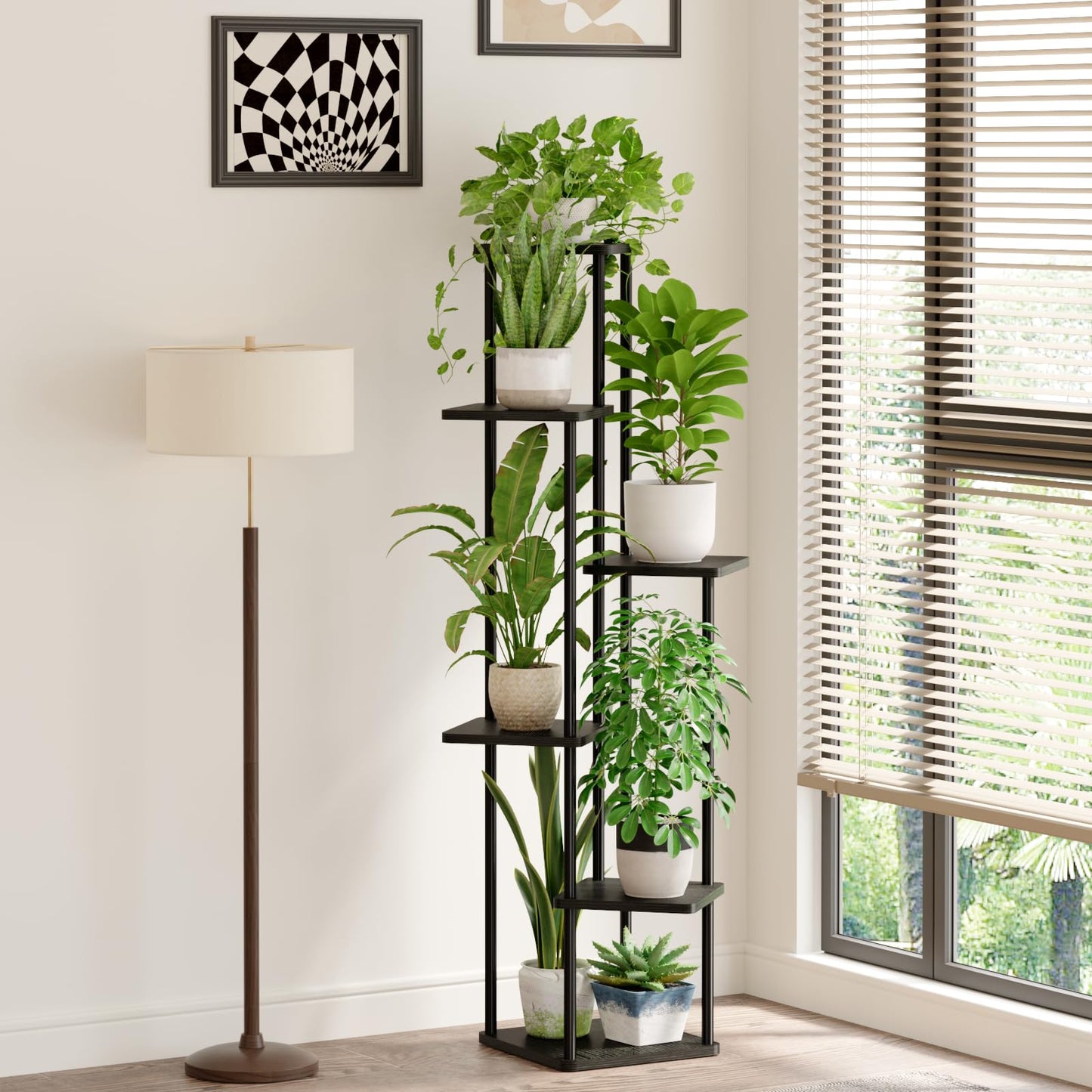 Suport plante Bamworld TM02H-6 Black 6 niveluri metal si lemn