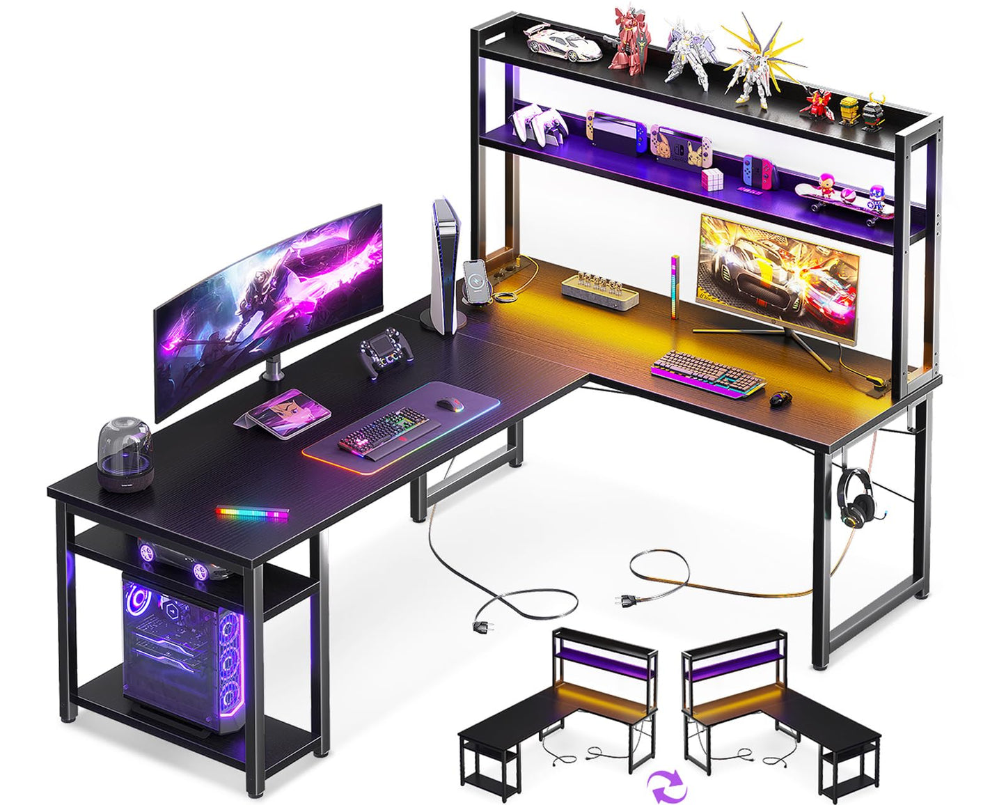 Birou gaming colt ODK L Shape 150x120 cm cu LED si USB