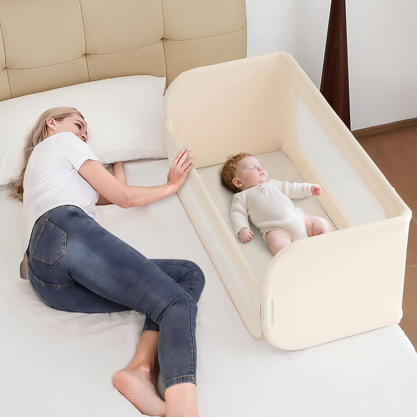Protectie pat BabyAlly TA12-G 2 in 1 pliabila 185 cm crem