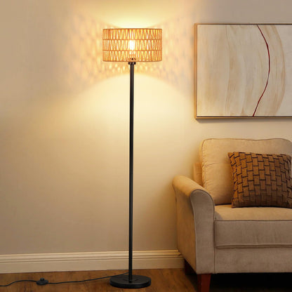 Lampa de podea Qingmiao Rattan Boho LED 8W baza metalica neagra