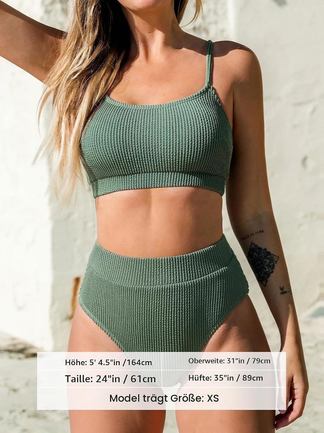 Costum de baie din doua piese CUPSHE cu decolteu U, talie inalta, textura batik curcubeu, marimea XL, verde masliniu