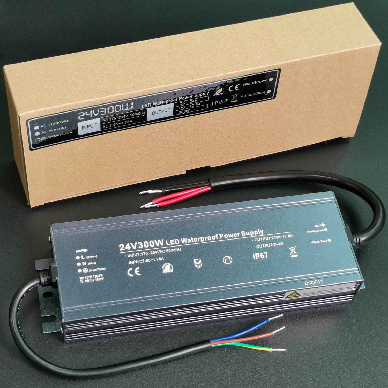 Alinana LED Transformer 24 V 300 W, IP67 Waterproof Transformer 230 V to 24 V, 24 V Power Supply 300 W for LED Strip Lamps, Transformer 24 V 0-12.5 A