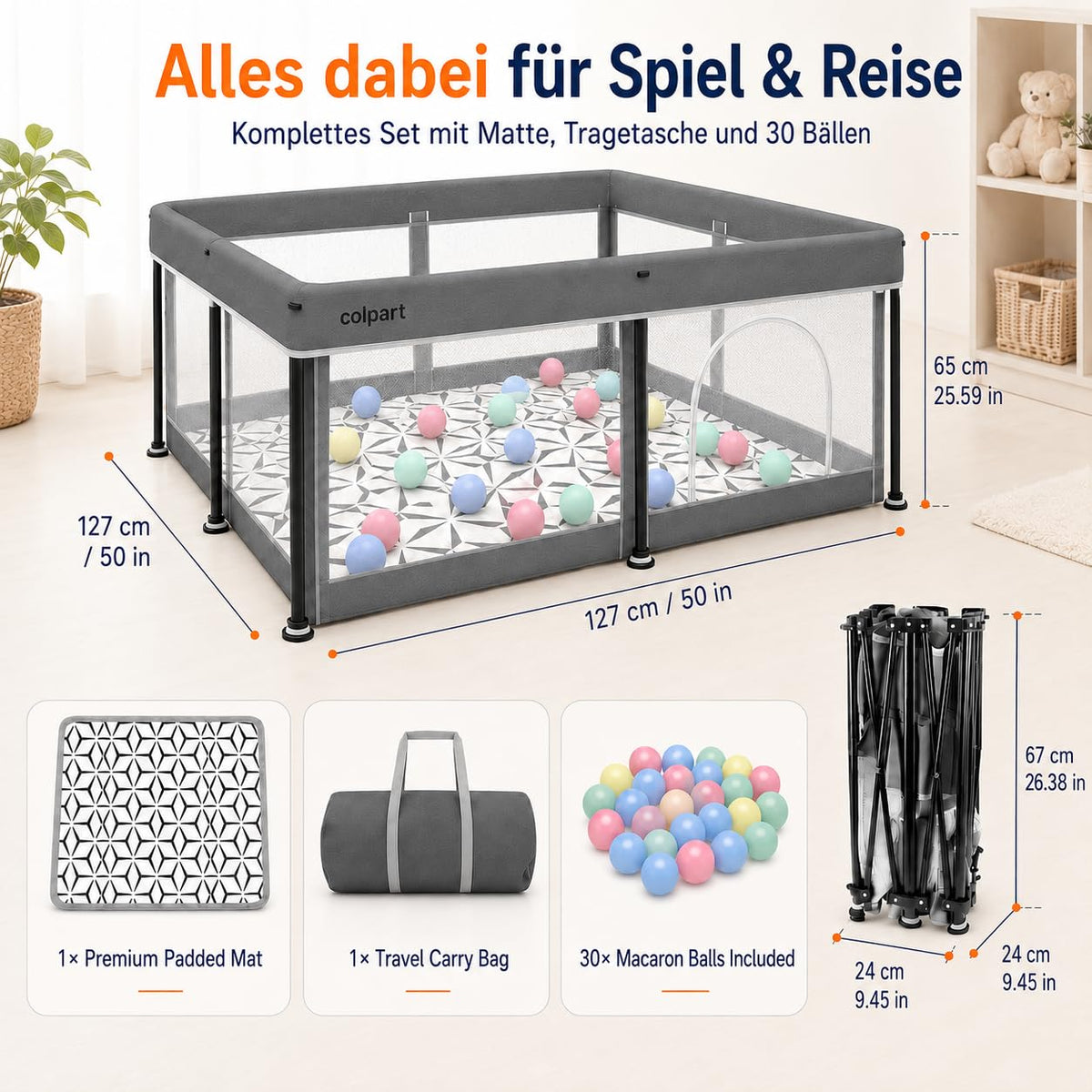 Tarc pliabil pentru bebelusi colpart cu salteluta, 1.2 x 1.2 m, gri