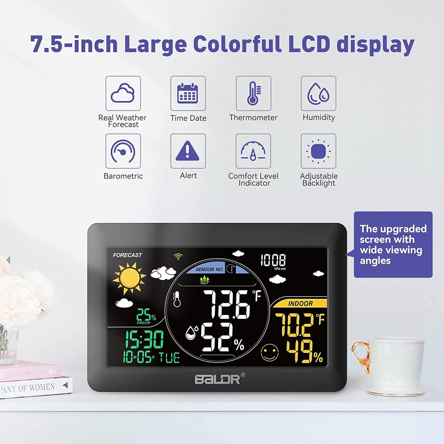 BALDR Wireless Weather Station with Outdoor Sensor, 2.4 GHz WiFi / App Control, 7.5 Inch VA Display, Weather Forecast in Real Time, Real Time Calibration Time, Digital Thermometer Hygrometer Indoor