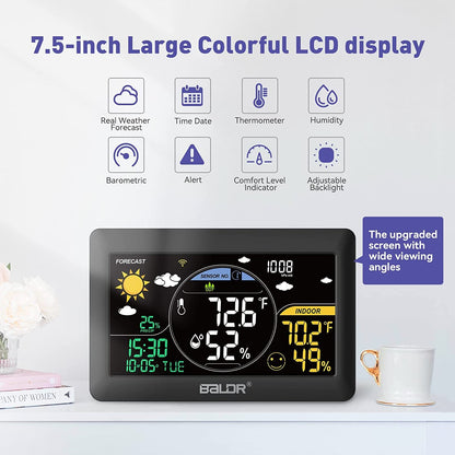 BALDR Wireless Weather Station with Outdoor Sensor, 2.4 GHz WiFi / App Control, 7.5 Inch VA Display, Weather Forecast in Real Time, Real Time Calibration Time, Digital Thermometer Hygrometer Indoor