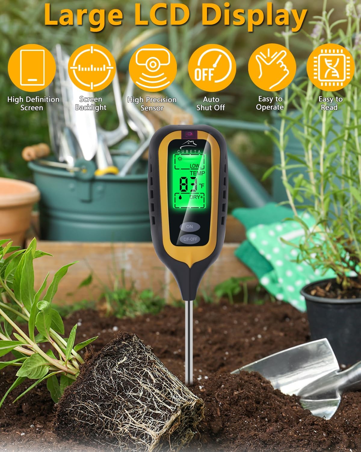 CUBETA Moisture Meter Plants Moisture Meter 4 in 1 Humidity/Temperature/pH/Light for Gardening, Lawn, Indoor Plants (Yellow)