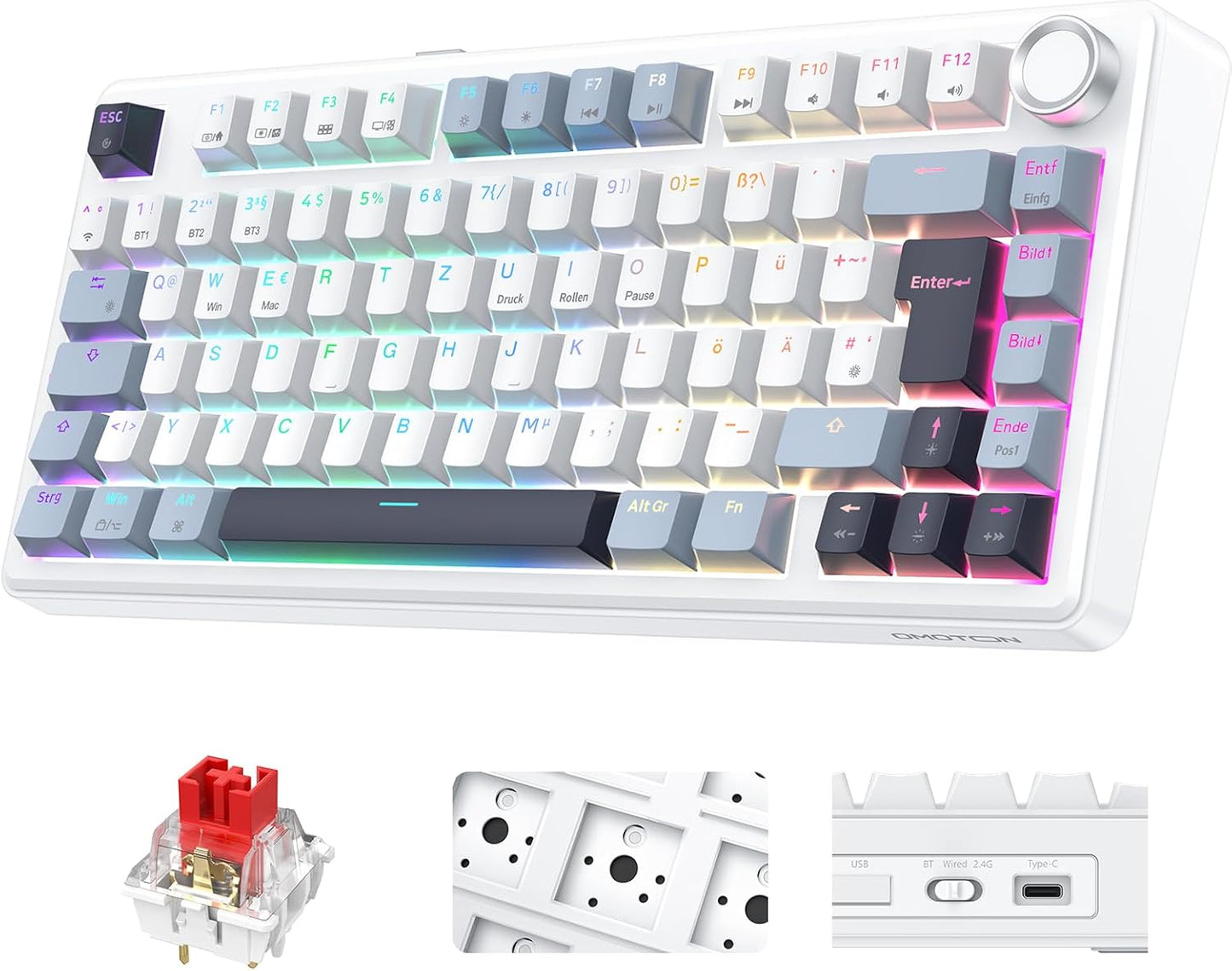 OMOTON Mechanical Keyboard Gaming Gasket QWERTZ ISO-DE Layout, Hot-Swap Wireless Gamer Keyboard 75% RGB with Five Layer Attenuation & Button, Bluetooth/2.4G/USB-C, Creamy Linear Switch, MK211