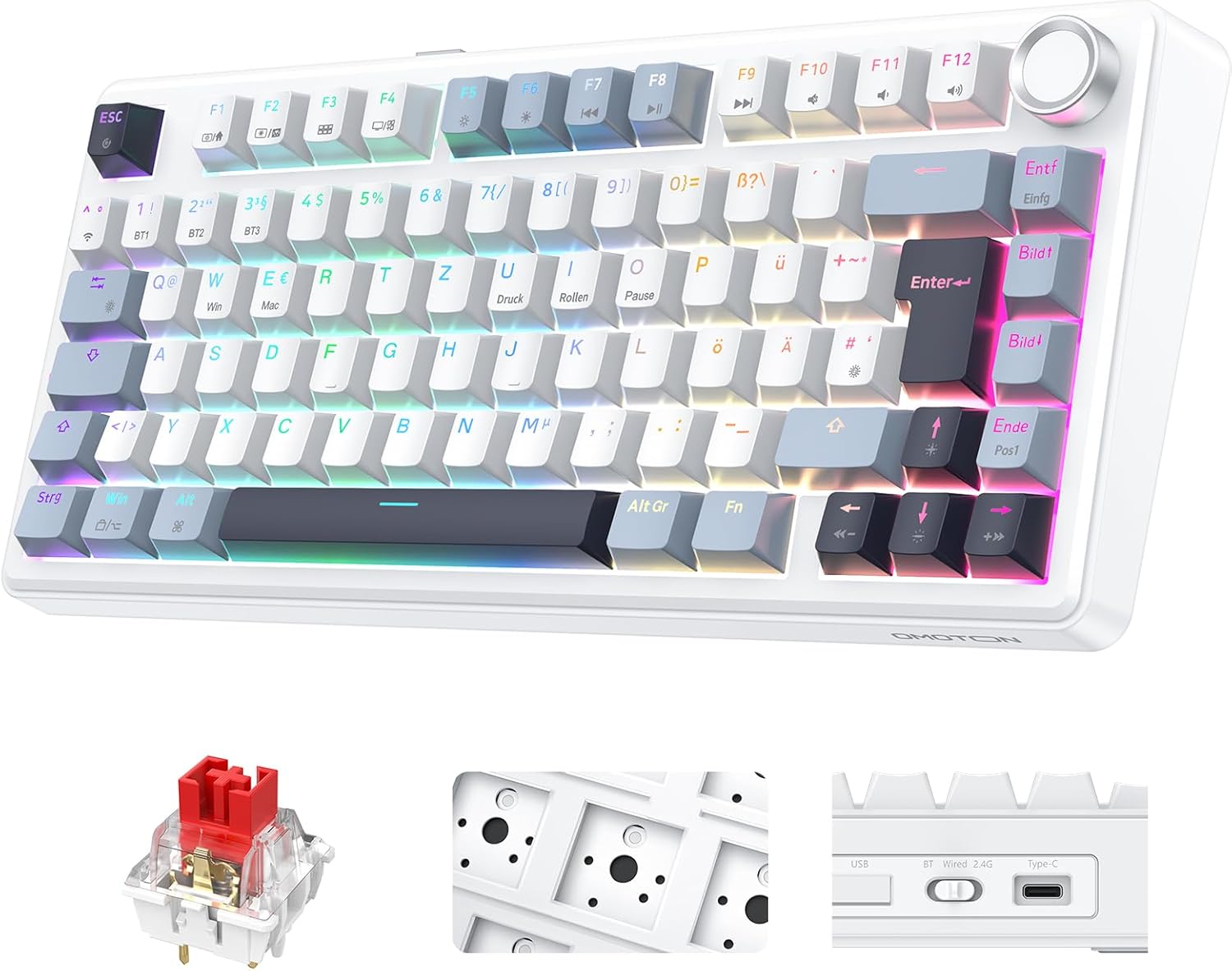 OMOTON Mechanical Keyboard Gaming Gasket QWERTZ ISO-DE Layout, Hot-Swap Wireless Gamer Keyboard 75% RGB with Five Layer Attenuation & Button, Bluetooth/2.4G/USB-C, Creamy Linear Switch, MK211