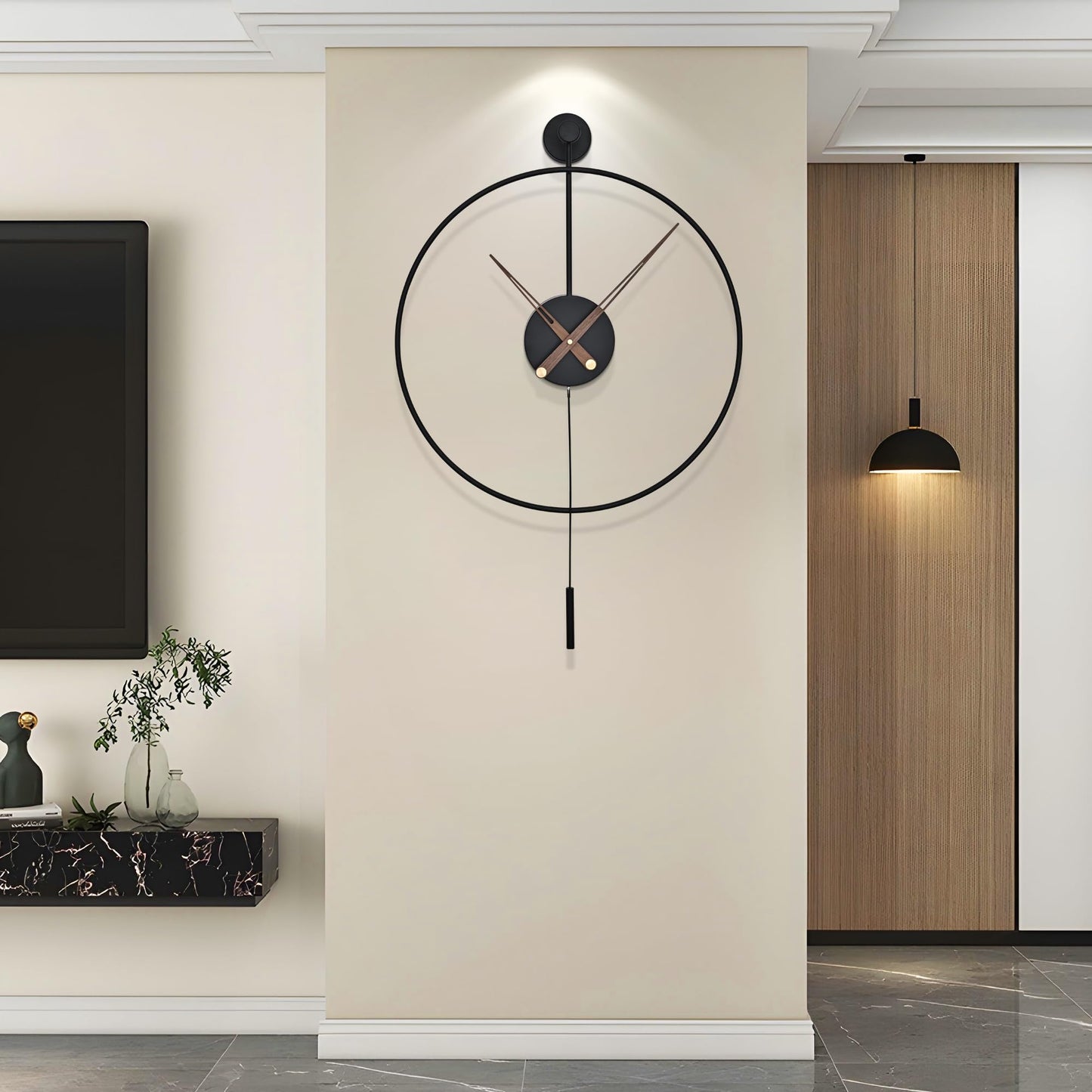 Ceas de perete HAITANG 50 cm Silent Quartz Metal Negru cu Pendul