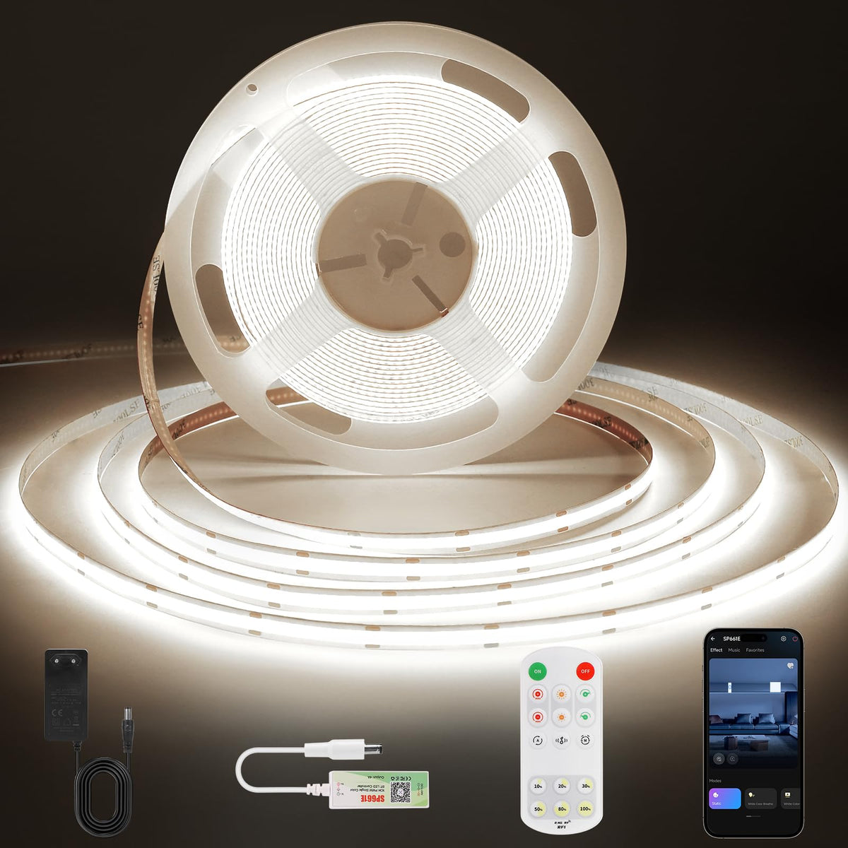 Banda LED Ruan App Control COB 5m 24V 6000K alb rece
