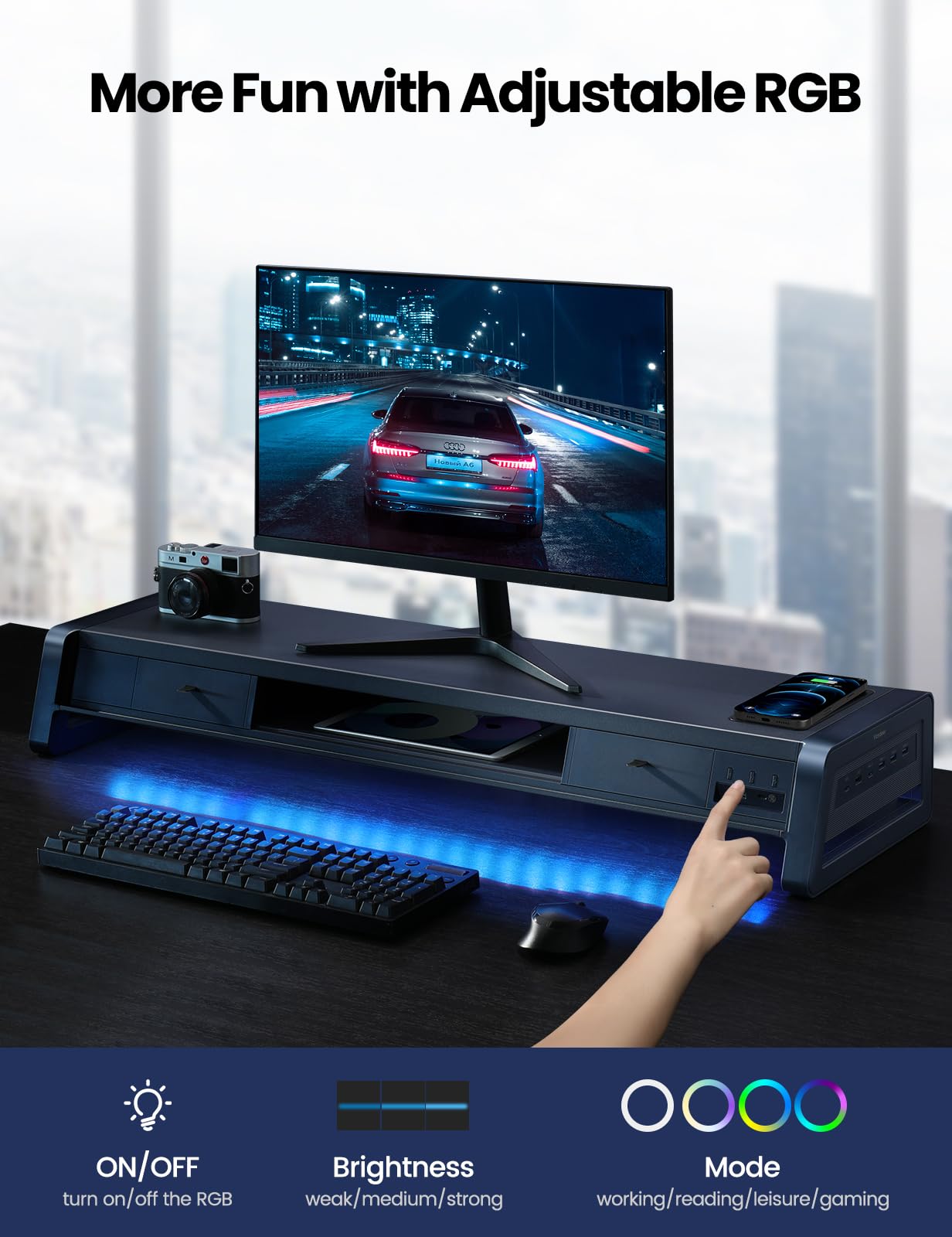 Suport monitor VAYDEER cu sertare si USB, incarcare wireless 15W