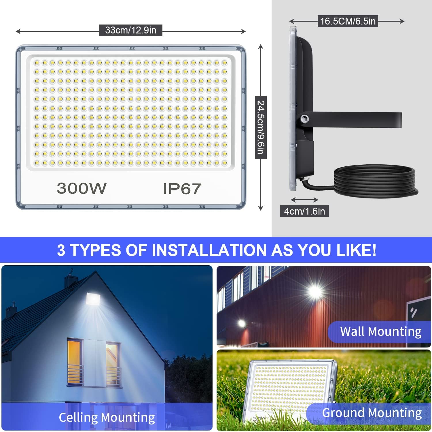 YIQIBRO 300W LED Floodlight Outdoor 2 Pack, IP67 Waterproof Outside Security Lights, 30000LM 7000K Cool White LED Floods Light Outdoor Spotlight for Garden, Garage, Warehouse, Workshop, Factory