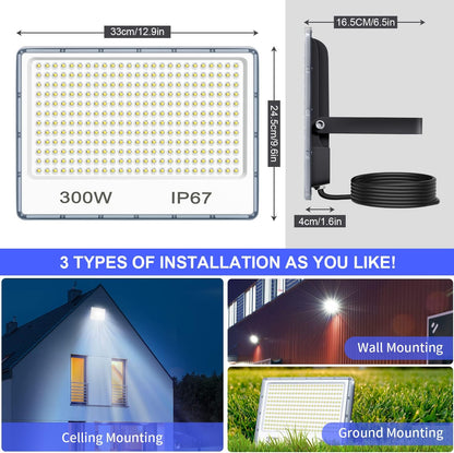 YIQIBRO 300W LED Floodlight Outdoor 2 Pack, IP67 Waterproof Outside Security Lights, 30000LM 7000K Cool White LED Floods Light Outdoor Spotlight for Garden, Garage, Warehouse, Workshop, Factory