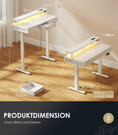 Birou reglabil OffiGo 120 x 54 cm alb cu 3 sertare si USB