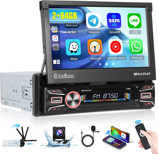 Inefala Android 15 Autoradio 1 Din CarPlay mit motorisiertem Bildschirm (2 + 64G), 7 Zoll Bluetooth Autoradio mit Wireless Android Auto CarPlay Mirror Link FM RDS GPS WiFi Rückfahrkamera AUX USB