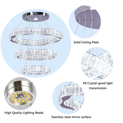Lustra LED FRIXCHUR moderna cu 3 inele, cristal, 57W, 4650 lm
