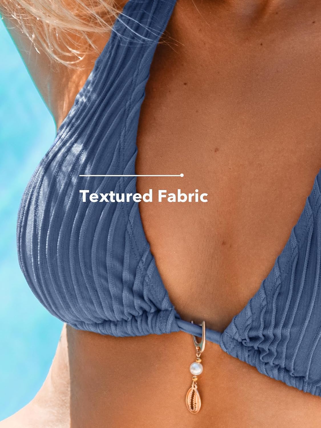 Costum de baie bikini CUPSHE cu halterneck, decolteu in V si siret, marimea XL, albastru otel