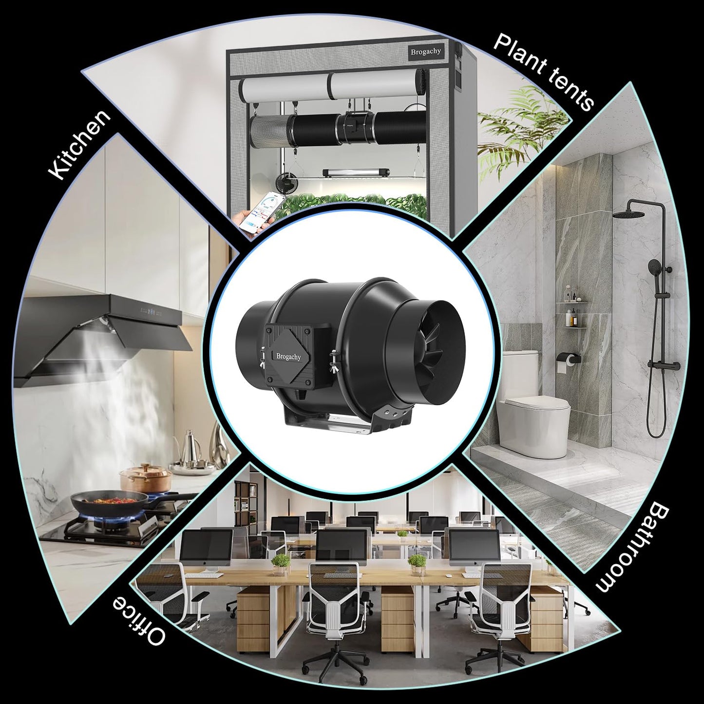 Brogachy 200mm intelligent Inline Duct Fan with Wifi App,Three-phase motor(UK plug) Quiet Exhaust Fan 1413 m³/h,8 Inch Inline Fan for Growth Tent, Hydroponics, Home Use, Ventilation and Exhaust Fan.