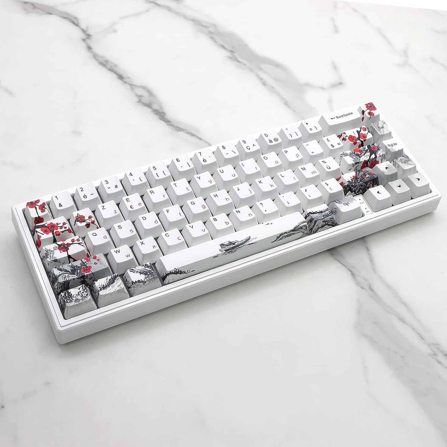 JSJT Plum Blossom Keycaps 128 Keys French Keycaps PBT OEM Profile Custom Keycaps for 61/68/87/96/104/108 Cherry MX Switches Mechanical Keyboard