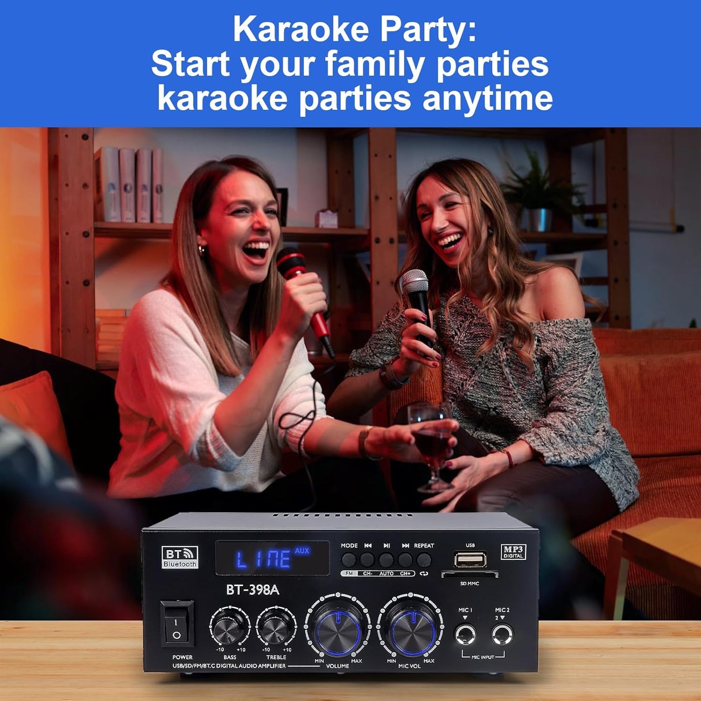 1000W Amplificateur, Bluetooth 5.3 Audio, Stéréo Audio Récepteur Ampli HiFi à 2.0 CH 60W x2 avec Bass/Treble/AUX/FM/MIC/USB, Convient pour Deux Haut-parleurs d'environ 10 Pouces, pour Ampli Voiture