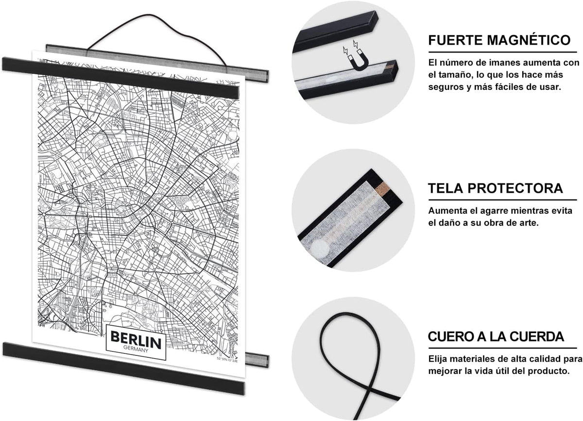 Sina magnetica pentru postere Benjia din lemn, 140 cm, neagra