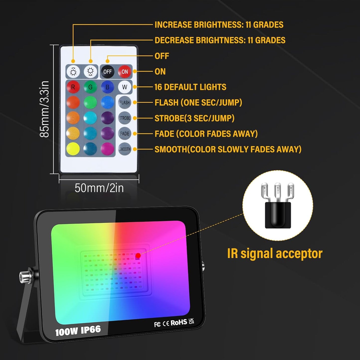 RIGIDON 2 Pack RGB Spotlight 100 W 10000 LM RGB LED Spotlight with Remote Control 16 Colours 4 Modes IP66 Waterproof RGBW Colour Changing Floodlight Outdoor for Party Garden Tree Landscape Disco