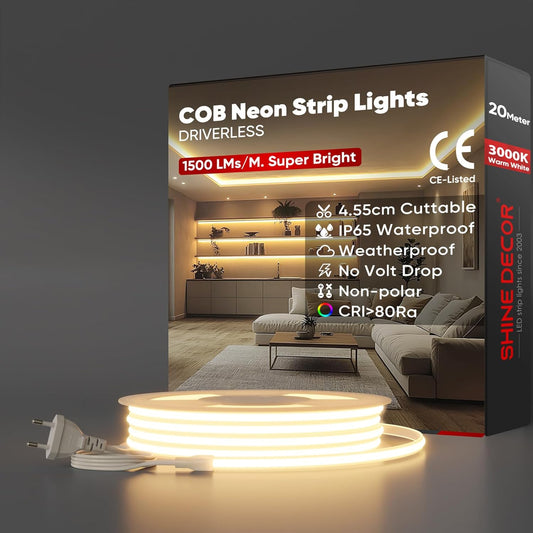 Shine Decor COB LED Streifen 20m, AC 220V 230V IP65 Wasserdicht LED Band, SMD2025 286 leds/m Ultrahohe Helligkeit Lichtleiste für Home Decoration Küche Garten LED Beleuchtung (20M, Warmweiß)