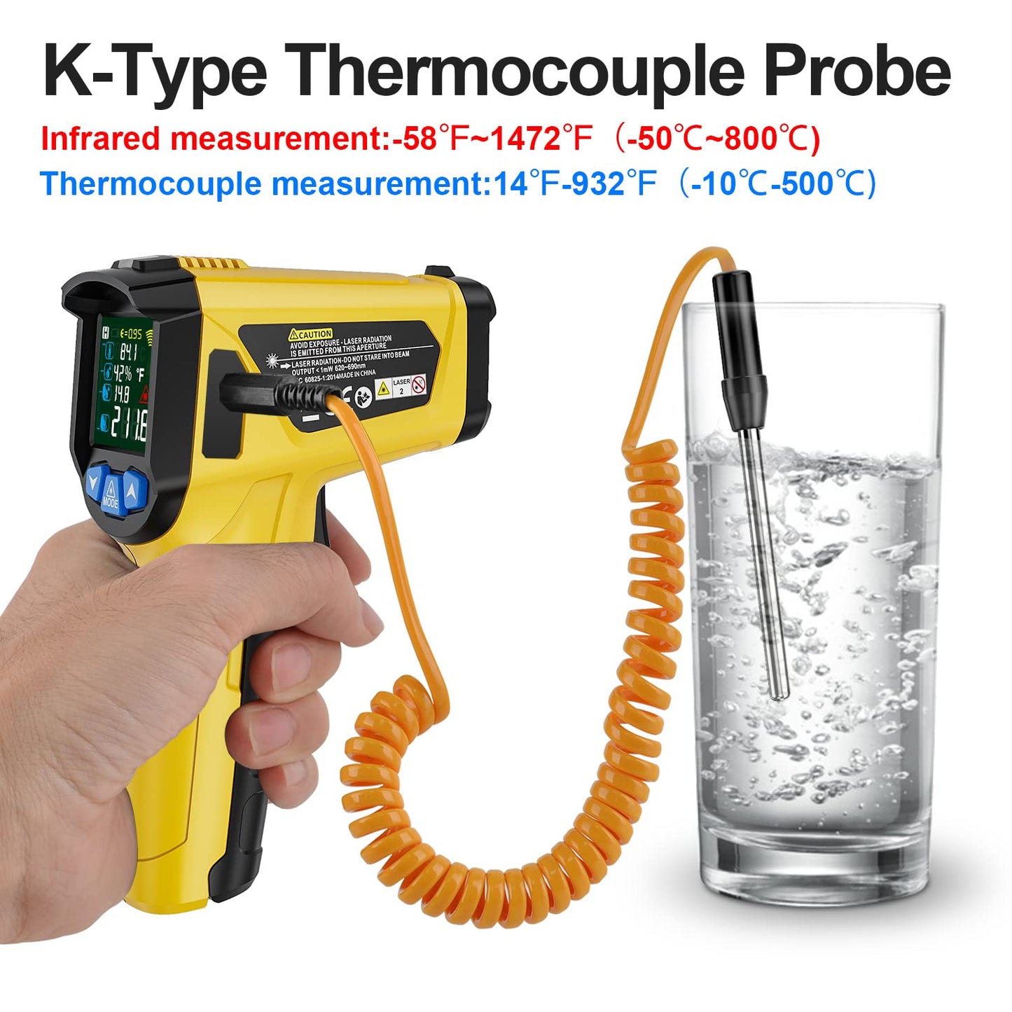MESTEK Infrared Thermometer Temperature Gun with K Probe Non-Contact Laser Digital Thermometer -58℉~1472℉(-50℃~800℃) Color LCD Screen Adjustable Emissivity Humidity Cooking BBQ Oven Pizza Car Fridge